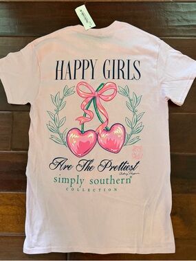 NWT Simply Southern Light Pink 'Happy Girls' Graphic Tee with Pink Cherries Sz S